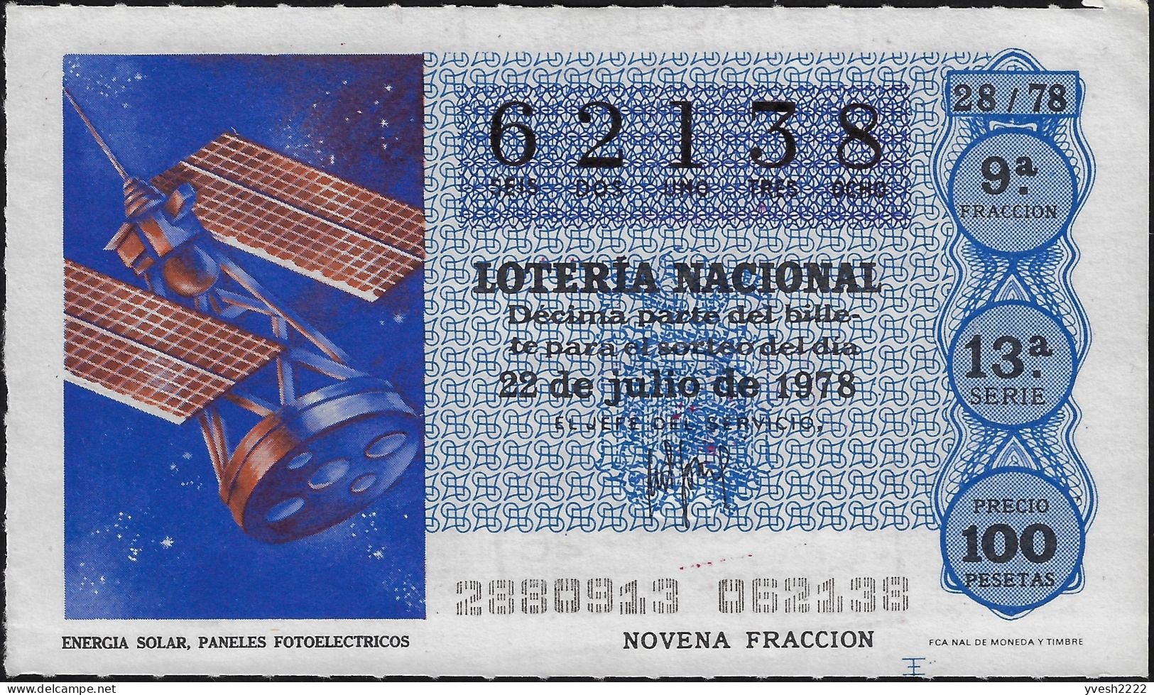 Espagne 1978. 4 Billets De Loterie Nationale. Actions Du Soleil. Chauffage, Plantes, Panneaux Solaires Sur Satellites - Billets De Loterie