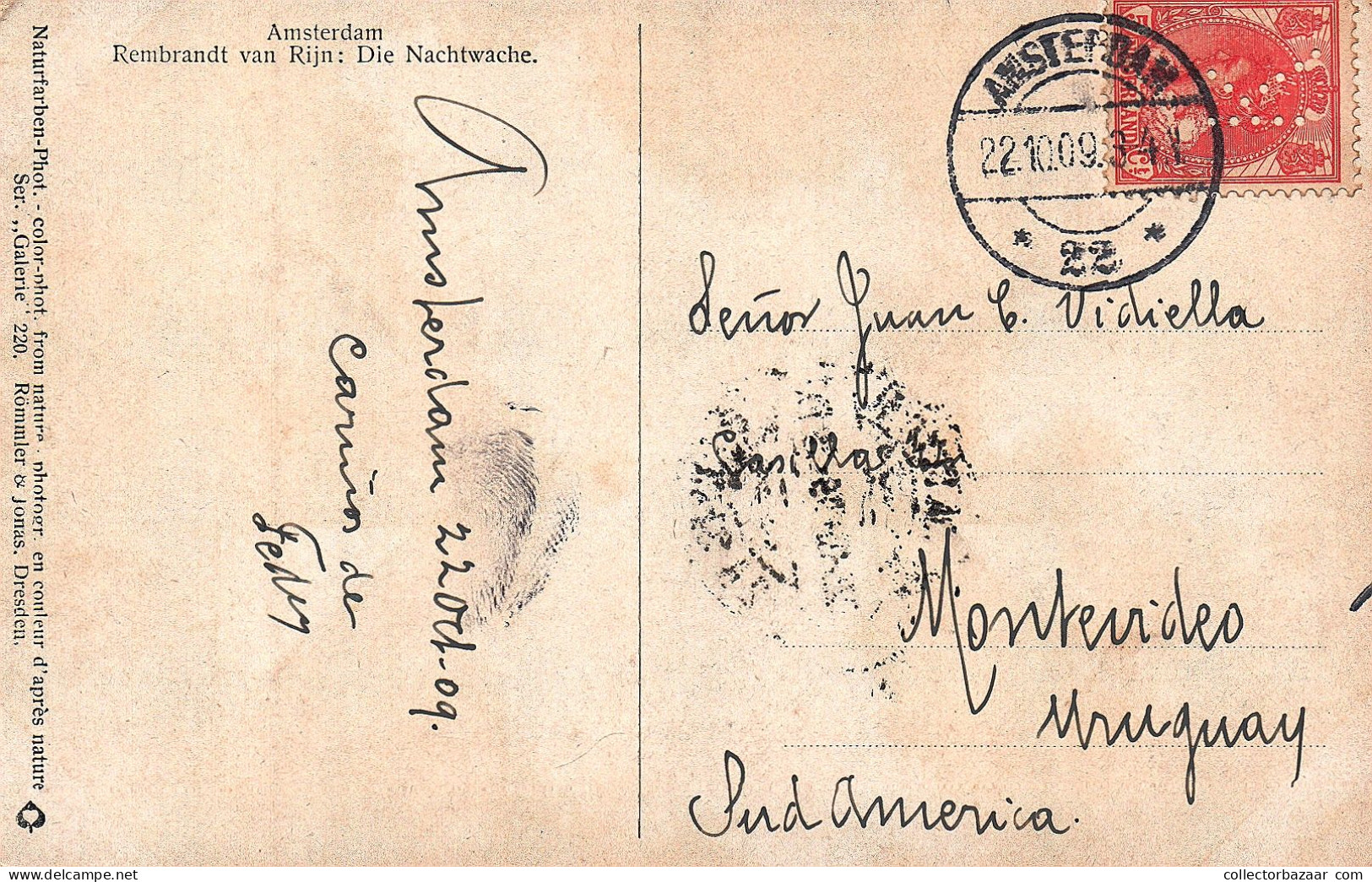 Netherlands Stamp With K Perfin Used On Postcard Rembrand Van Rijn  Die Nachtwache - Cartas & Documentos