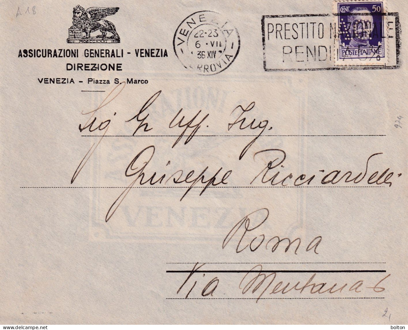 Busta Con Affrancatura 50c Imperiale  PERFIN   AG Assicurazioni Generali - Poststempel