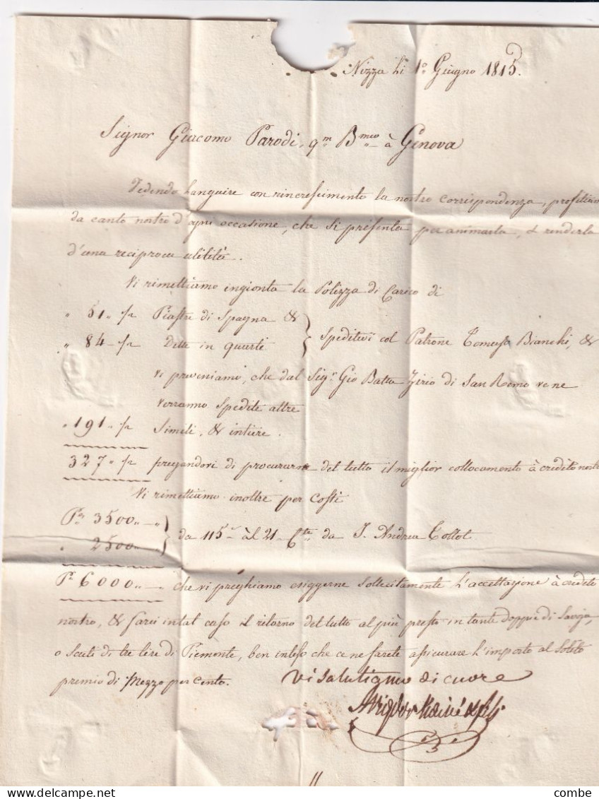 LETTRE.  1 JUIN 1815. LES ALPES MARITIMES. 85/VINTIMILLE. NIZZA. AVIGDOR L'AINÉ. POUR BANQUE PARODI A GENES. EN ITALIEN - 1792-1815: Conquered Departments