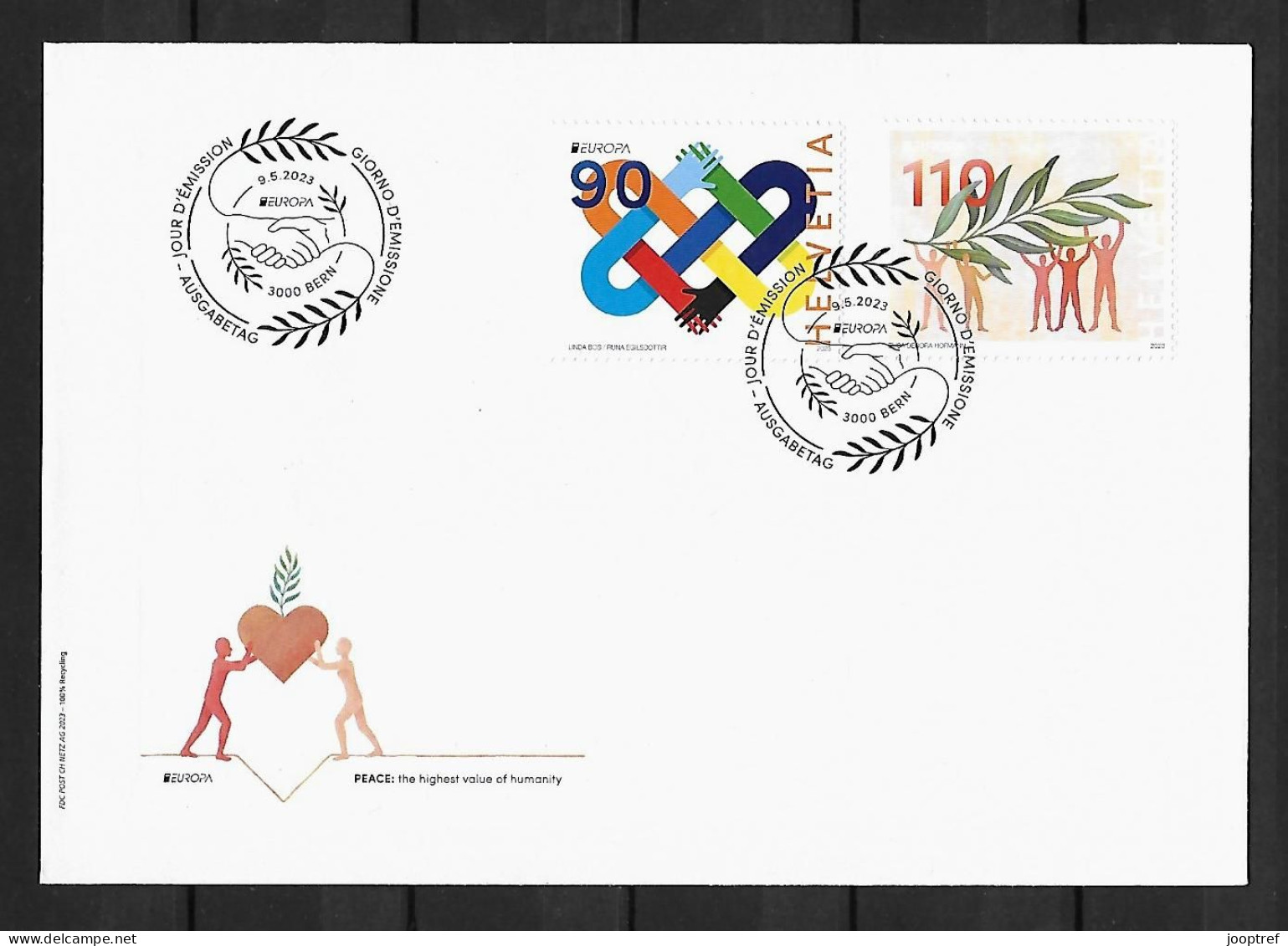 2023 Joint Europa Cept, FDC SWITZERLAND WITH 2 STAMPS: Peace - 2023