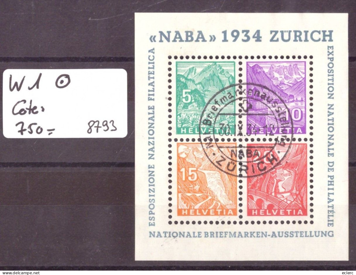 BLOC W1 OBLITERE - NABA 1934  - COTE: 750.- - Blocks & Sheetlets & Panes