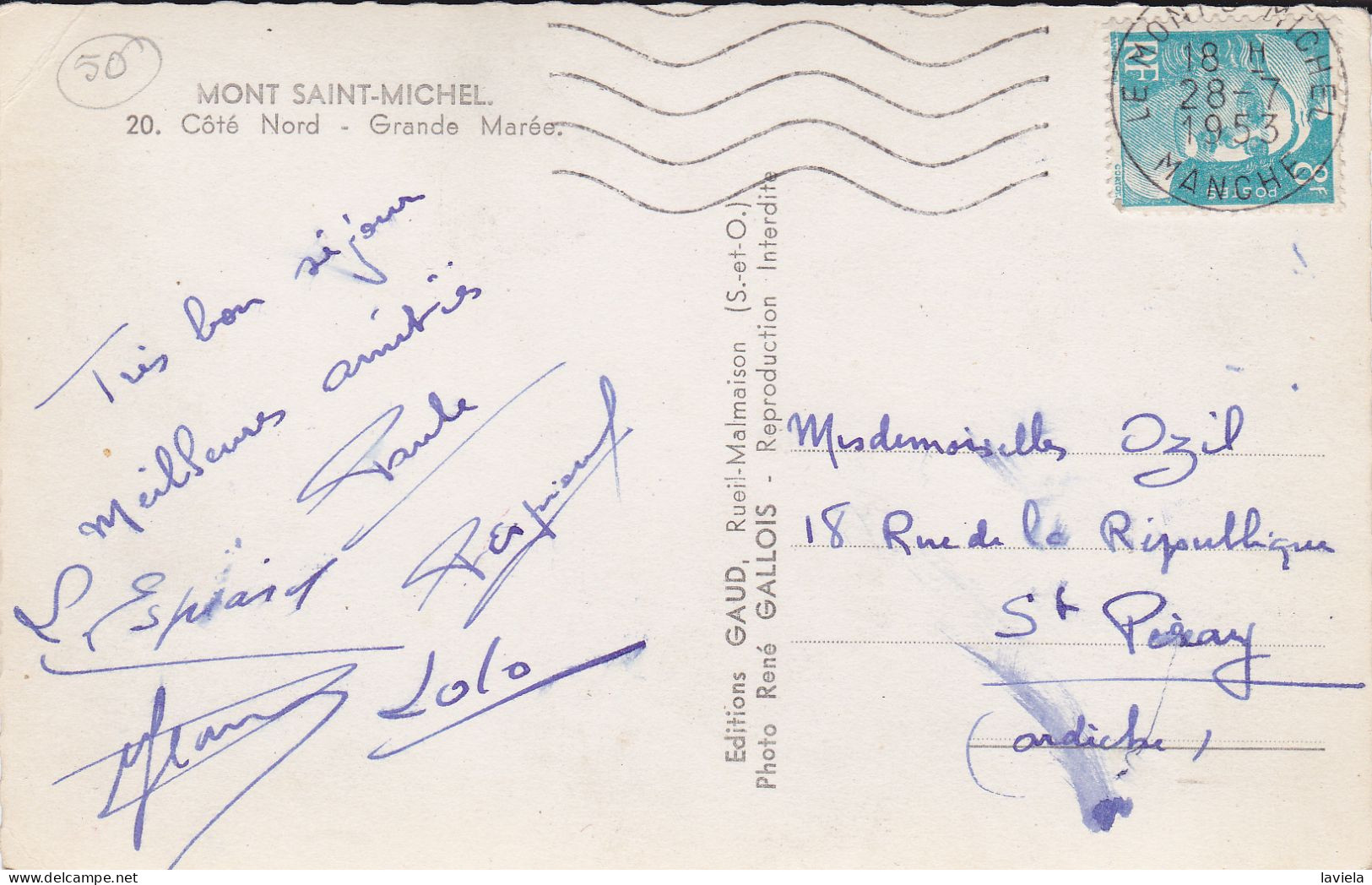 50 MONT SAINT-MICHEL - Côté Nord - Grande Marée - Circulée 1953 - Le Mont Saint Michel
