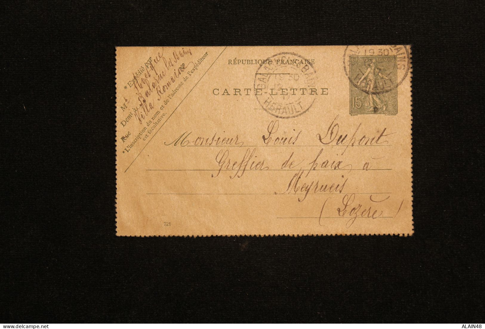 FRANCE CARTE LETTRE SEMEUSE LIGNEE 15c VERT DE BALARUC LES BAINS (HERAULT) POUR MEYRUEIS (LOZERE) DU 12.07.1917 - Tarjetas Cartas