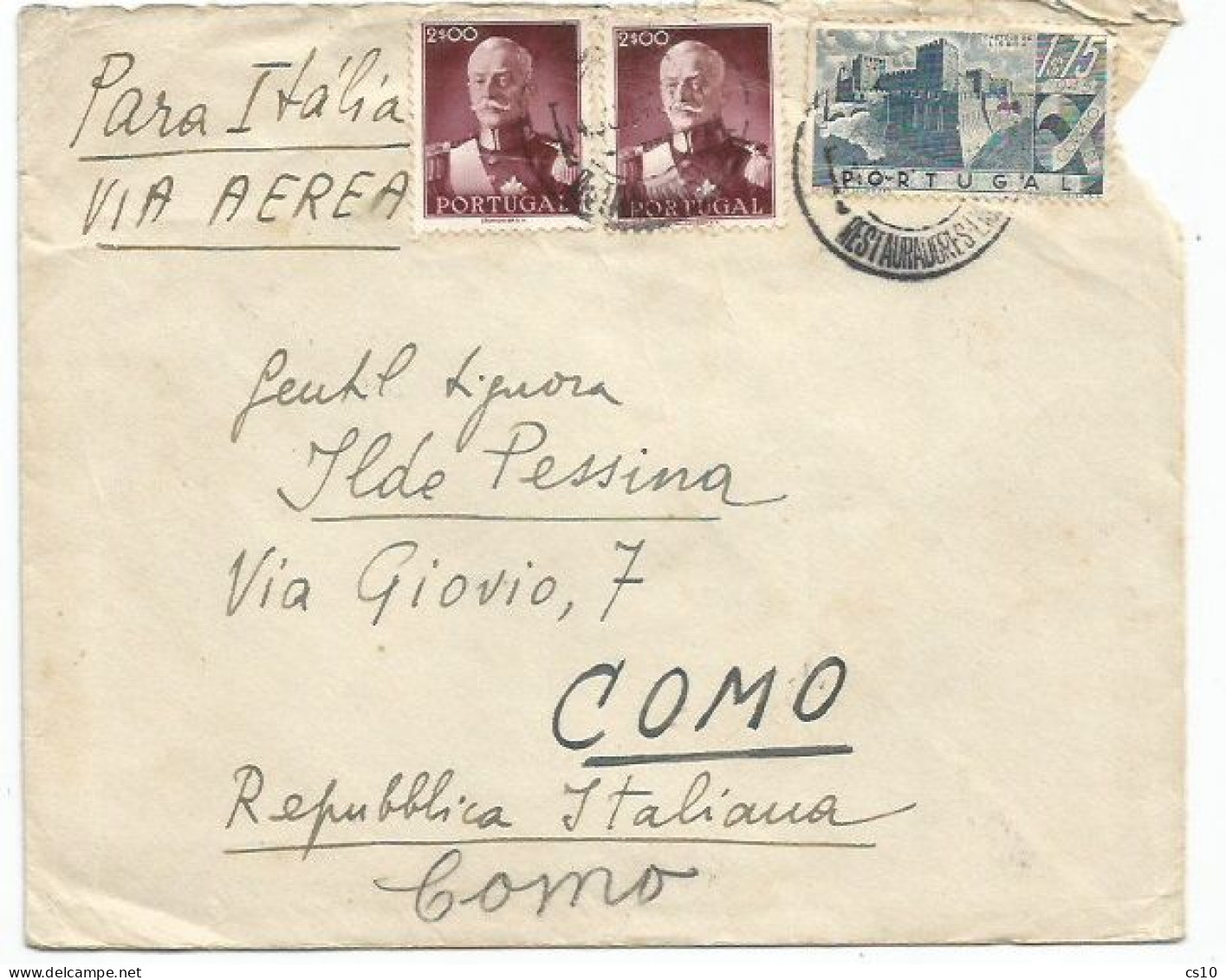 Portugal AirmailCV Lisboa 15jun1946 To Italy With 3 High Vaòues . Castle 1$75 + President Carmona 2$ (x2pcs) - Lettres & Documents