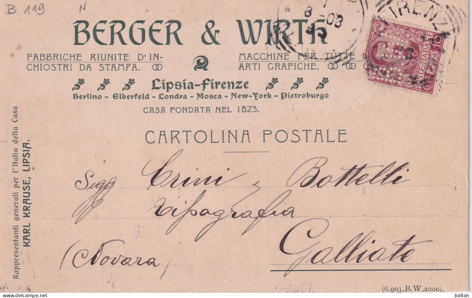 Cartolina Con Affrancatura PERFIN B.W. Berger & Wirt   Rara Perforazione - Marcophilia