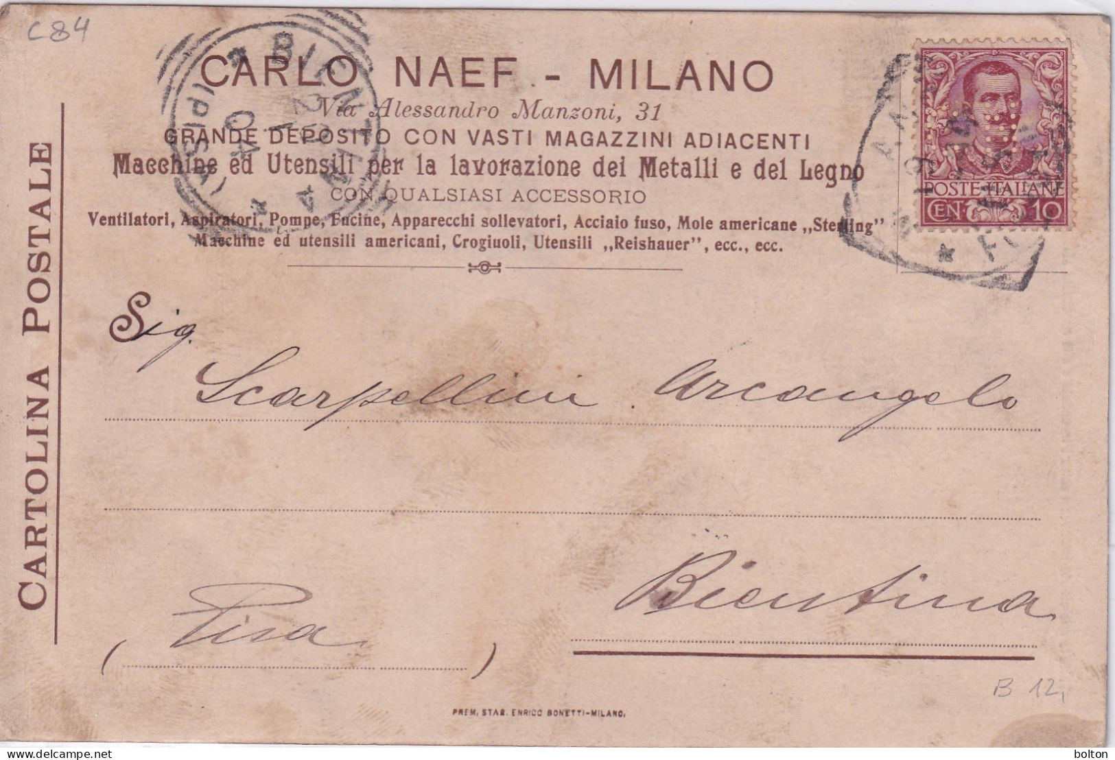 Cartolina Con Affrancatura PERFIN  C N Carlo Naef Raro - Storia Postale