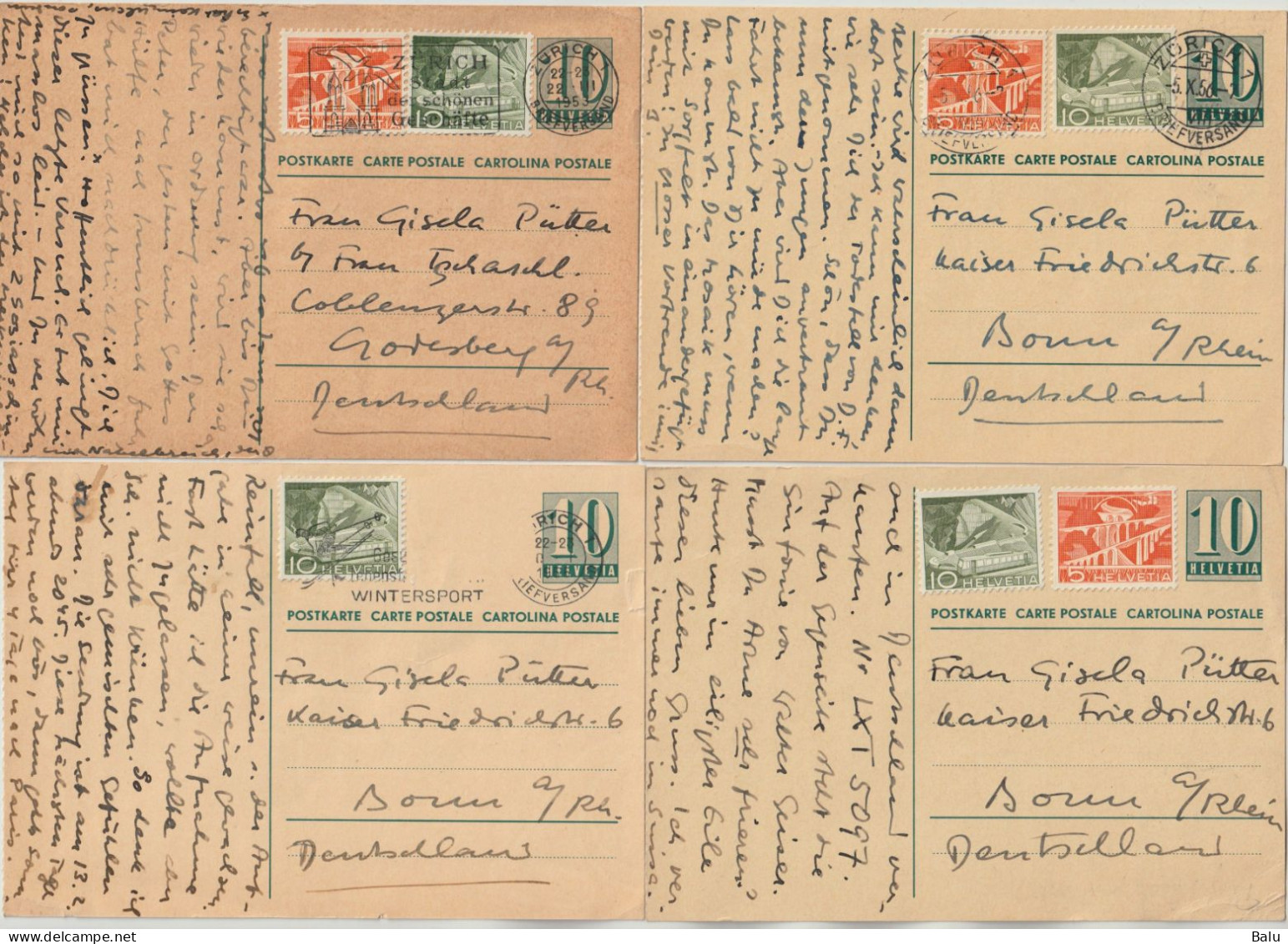 Schweiz 4 Ganzsachen Postkarten Entier Postal 1953/55/56 10 Chiffre Gestempelt In Zürich Nach Deutschland Mit Zusatzfr. - Interi Postali