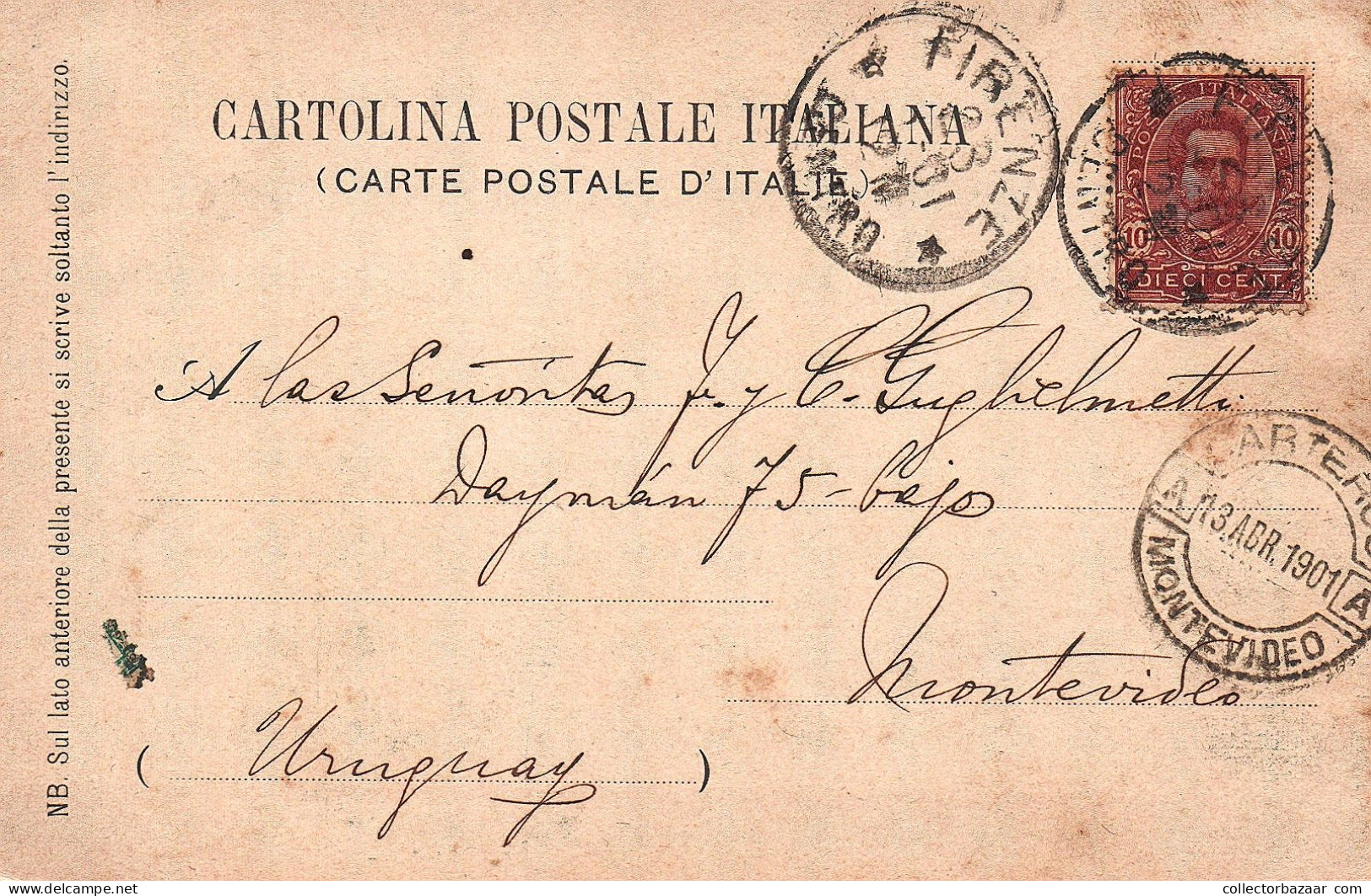 1901 Italy Postcard To Uruguay With A Late Use Of Umberto I Stamp Interesting - Oblitérés