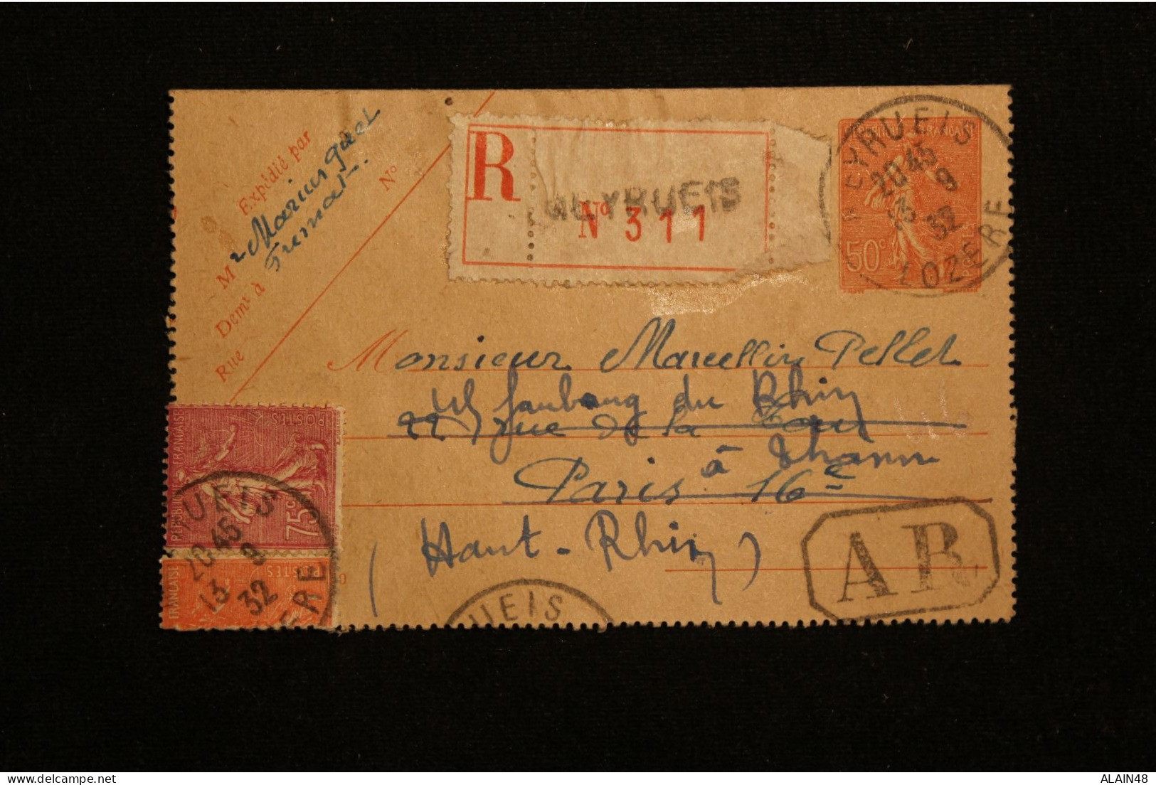 FRANCE CARTE LETTRE SEMEUSE LIGNEE 50c ROUGE DE MEYRUEIS (LOZERE) POUR  HAUT RHIN DU 13.09.1932 EN RECOMMANDE AVEC AR - Letter Cards