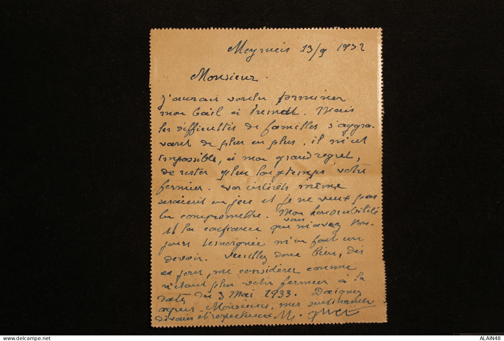 FRANCE CARTE LETTRE SEMEUSE LIGNEE 50c ROUGE DE MEYRUEIS (LOZERE) POUR  HAUT RHIN DU 13.09.1932 EN RECOMMANDE AVEC AR - Letter Cards