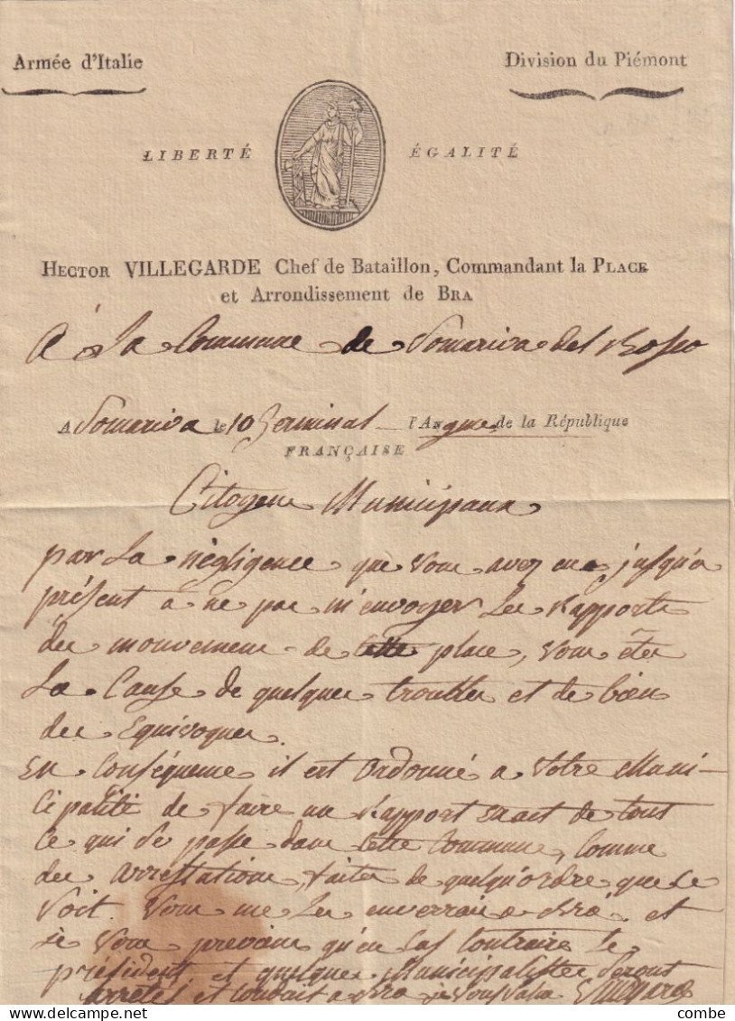 LETTRE. 10 GERMINAL AN 9. ARMEE D'ITALIE. DIVISION DU PIEMONT. HECTOR VILLEGARDE CHEF BATAILLON DE BRA. DE SOMARIVA - 1792-1815: Conquered Departments