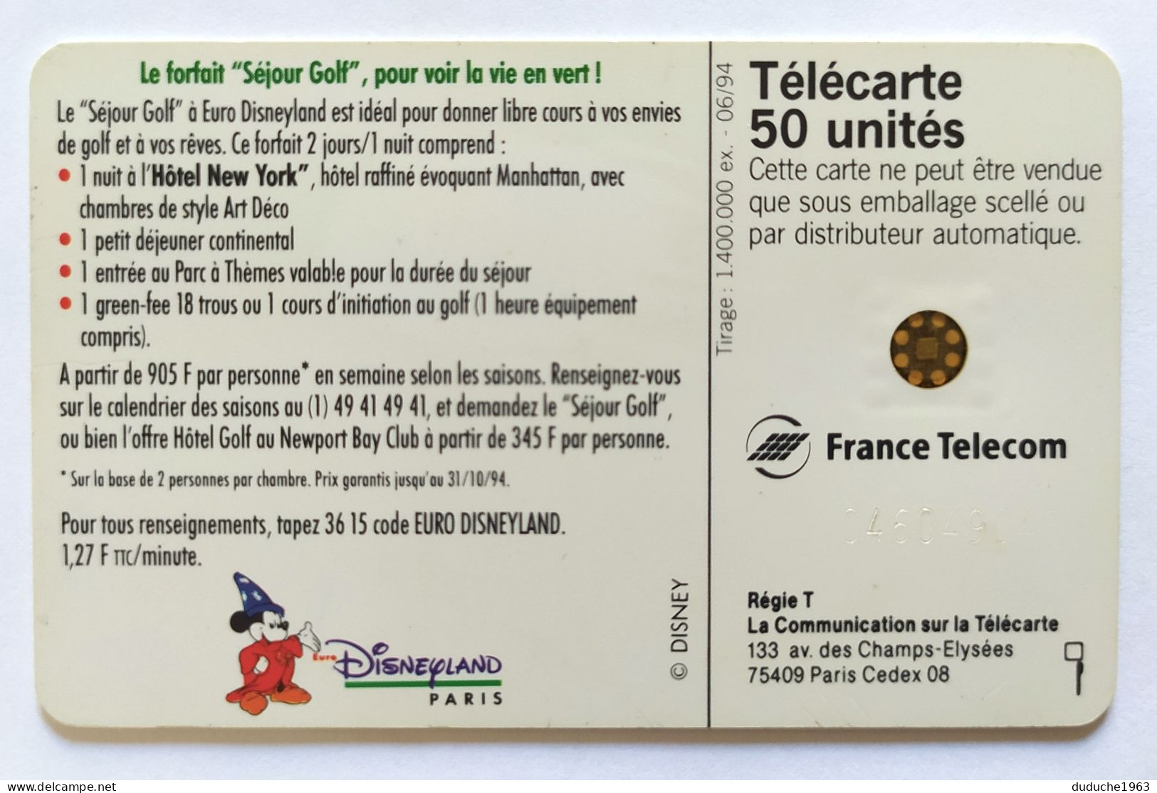 Télécarte France - Disneyland - Dingo Golf - Zonder Classificatie