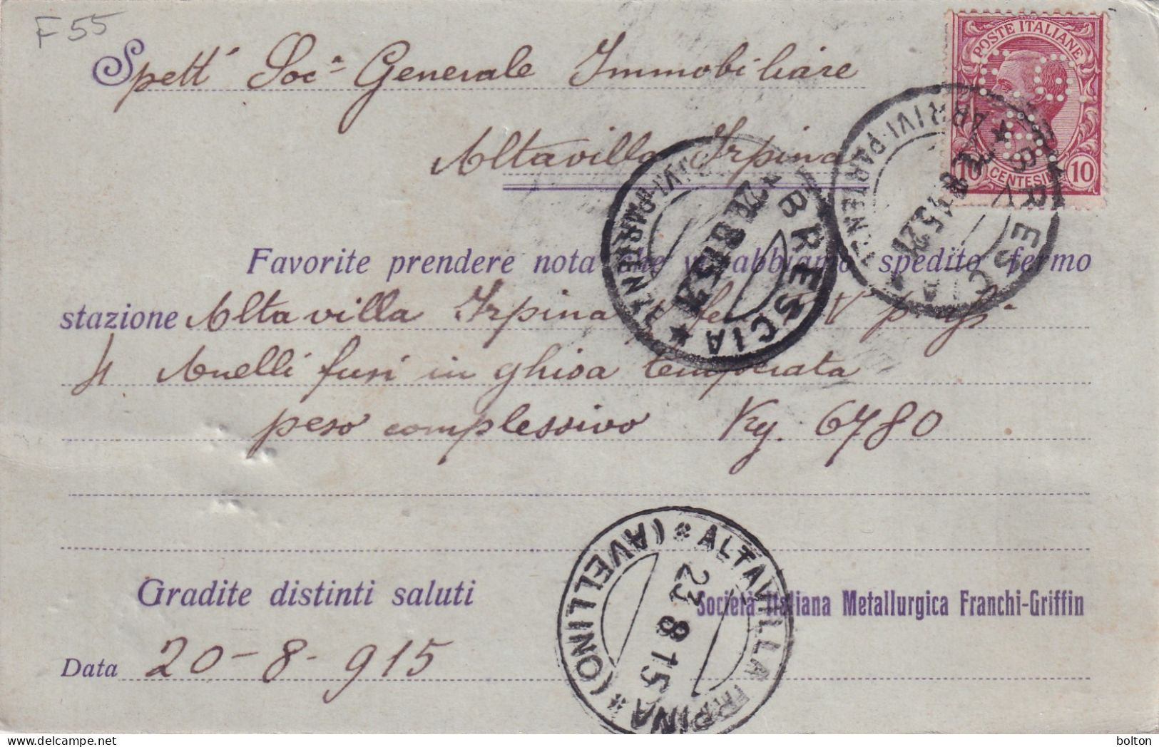 Cartolina Con Affrancatura PERFIN  F.G.B. Franchi Griffin Brescia - Poststempel