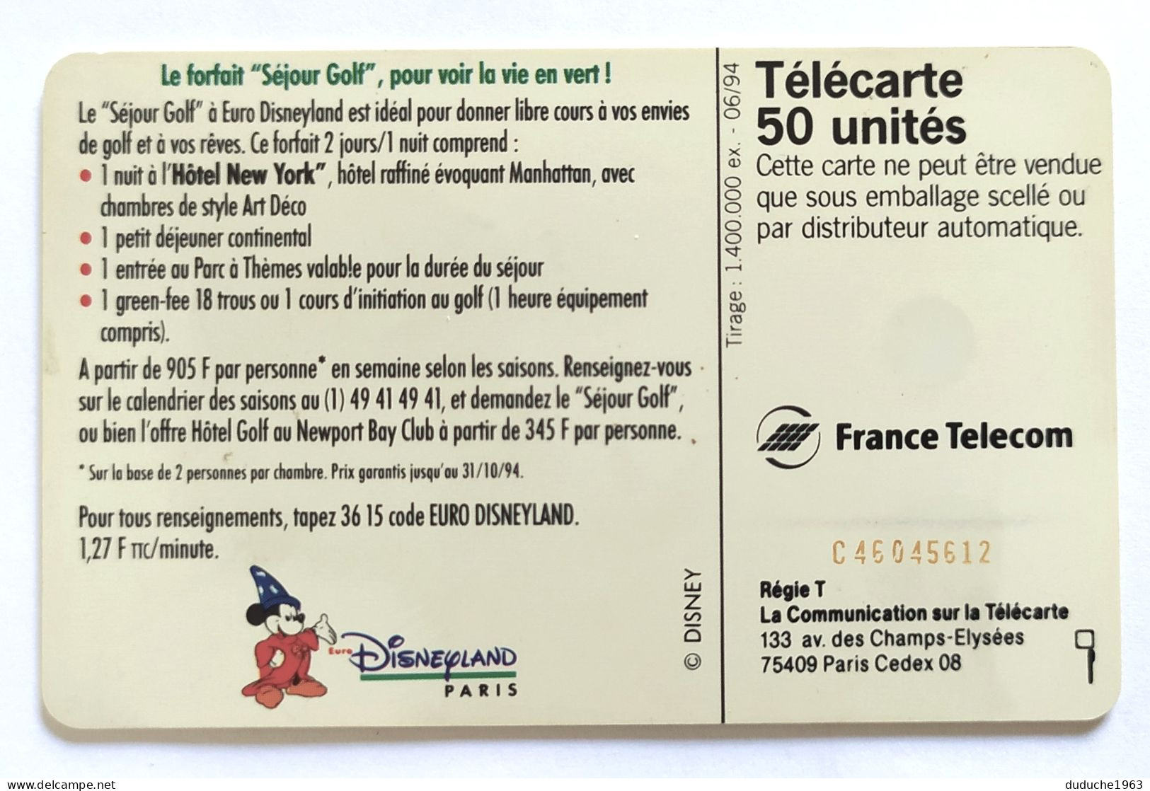 Télécarte France - Disneyland - Forfait Golf - Sin Clasificación