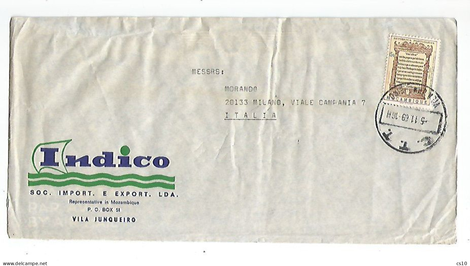 Mocambique Commerce Cover Vila Junqueiro 5nov1969 To Italy With Colnial "Lusiadas" 5$ Solo Franking - Mosambik