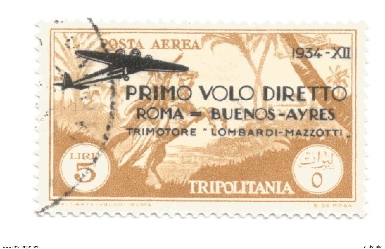 (COLONIE E POSSEDIMENTI) 1934, TRIPOLITANIA AEREA, VOLO ROMA-BUENOS AIRES, 5L - 1 Francobollo Usato (CAT. SASSONE N.32) - Tripolitaine