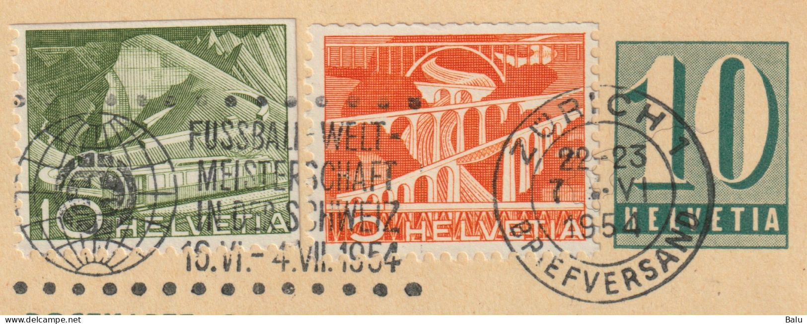 Schweiz Ganzsache Postkarte 10 Rp. Stempel Zürich: Fussball-Weltmeisterschaft - Nach Deutschland, 2 Scans - Postwaardestukken