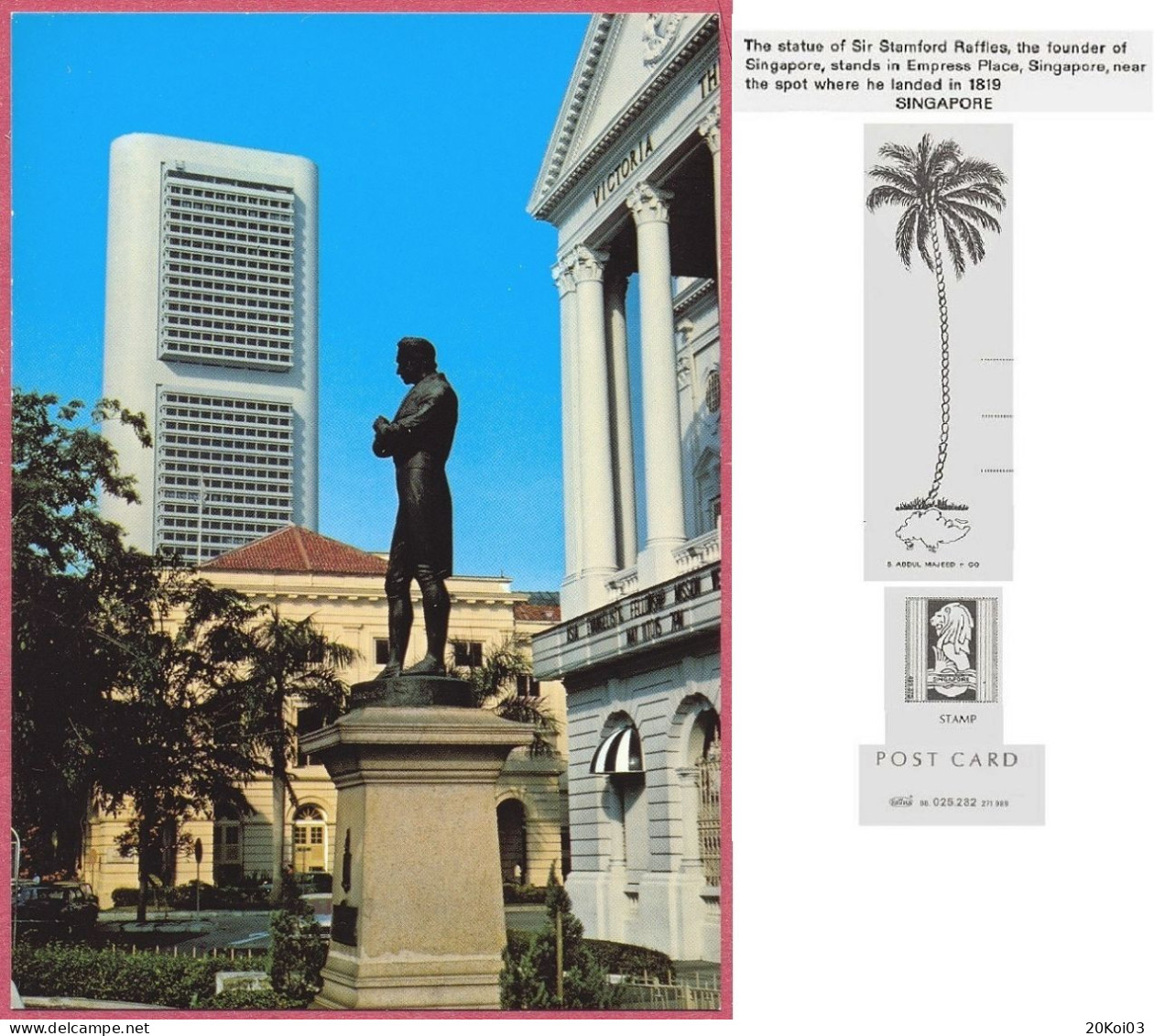 Singapore The Statue Of Sir Stamford Raffles, Vintage 1960-70's Kruger 88 025.232  271989 S. ABDUL MAJEED+CO_UNC_cpc - Singapur