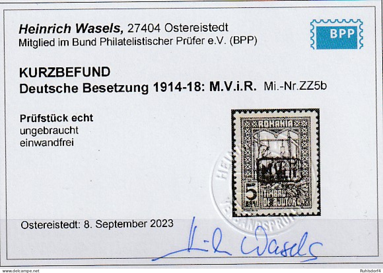 Besetzung Rumänien MViR ZZ 5 In B-Farbe, **, Befund Wasels - Ocupación 1914 – 18