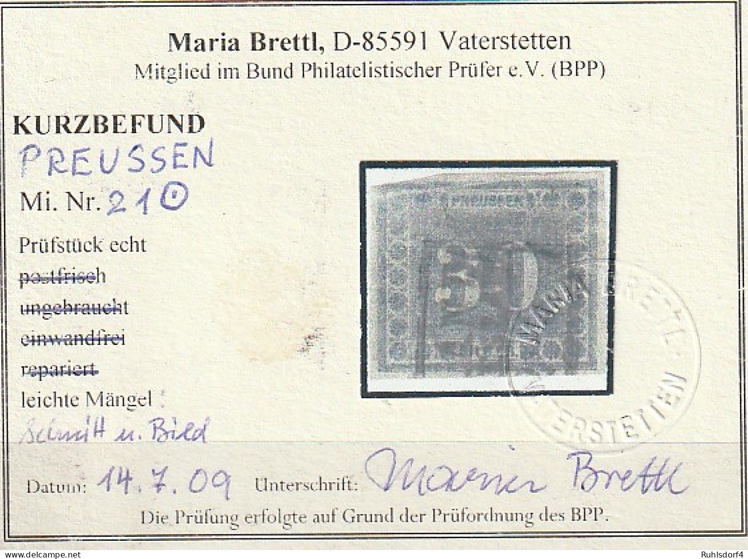 Preußen Nr. 21 ("Innendienstmarke"), Gest., Befund Brettl - Sonstige & Ohne Zuordnung