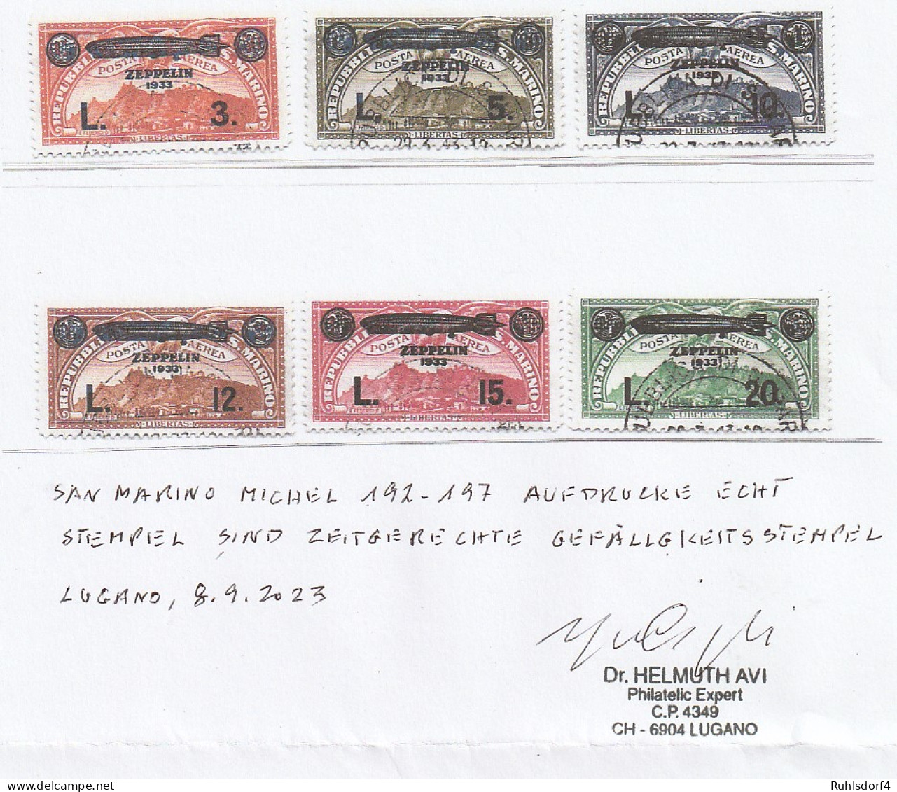 San Marino: Zeppelin-Aufdrucksatz 1933 Gest., Geprüft Dr. Avi - Other & Unclassified