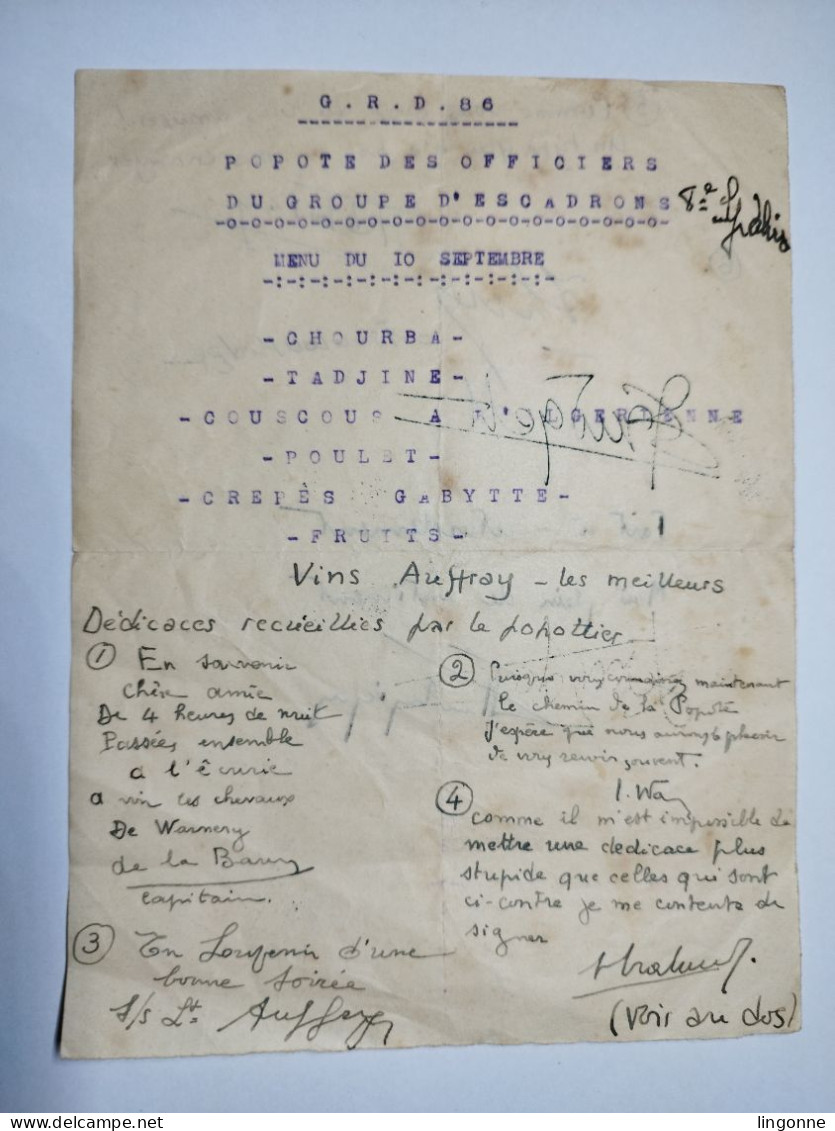 RARE MENU G.R.D 86 8 SPAHIS POPOTE DES OFFICIERS DU GROUPE D'ESCADRON. Dédicaces Recueillies Par Le Popotier - Documentos