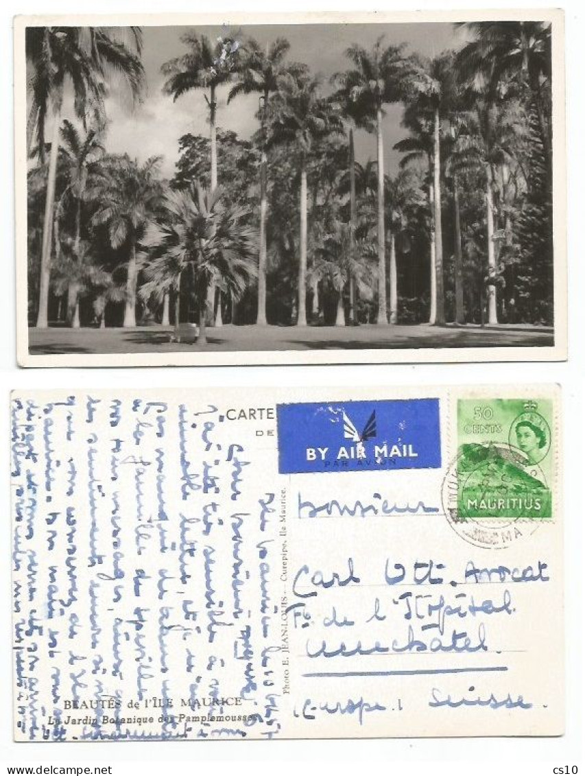 Mauritius Jardin Botanique Des Pamplemousses B/w Pcard Airmail Moka 12oct1957 X Suisse - Maurice