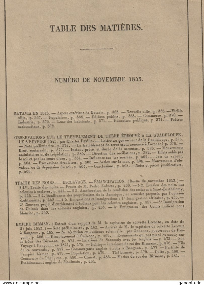 Revue Coloniale Novembre 1843. Batavia En 1843 - Tremblement De Terre En Gouadeloupe - Empire Birman - Traite Des Noirs. - Zeitschriften - Vor 1900