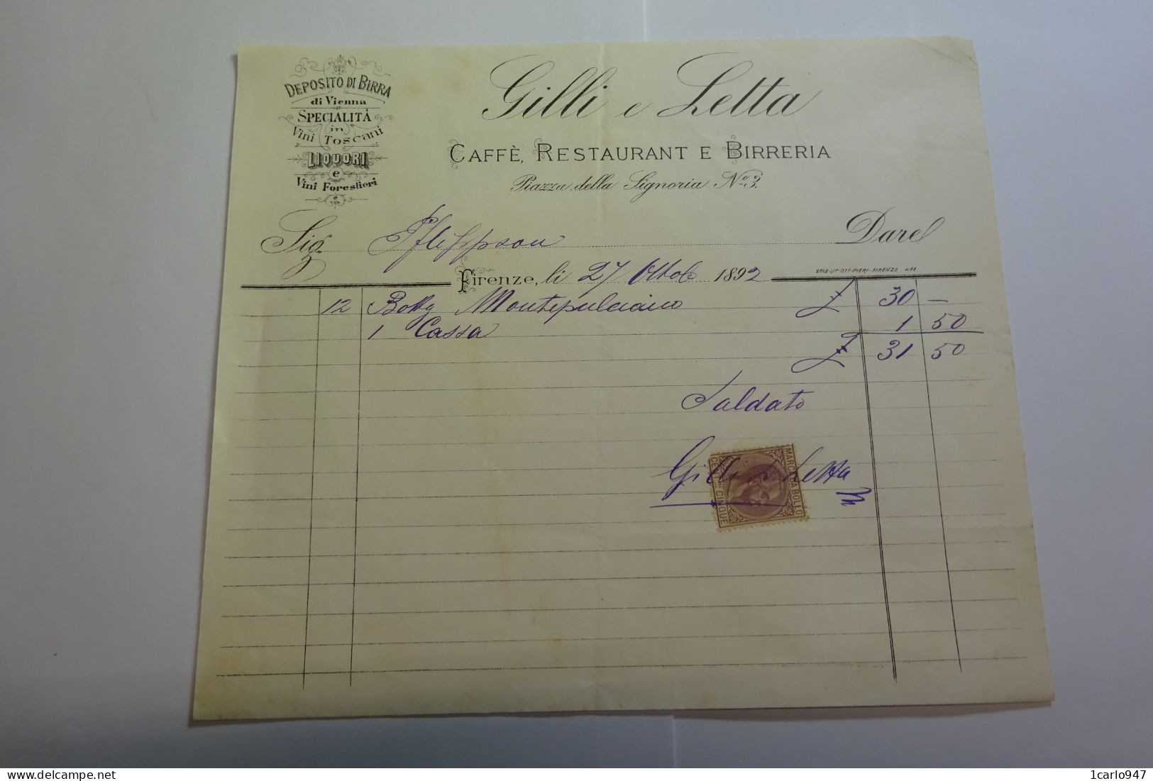 FIRENZE  -- BIRRA  - BIRRERIA  - BIRRARIA  ---  GILLI  & LETTA  -CAFFE' RESTAURANT  E BIRRERIA - Italie