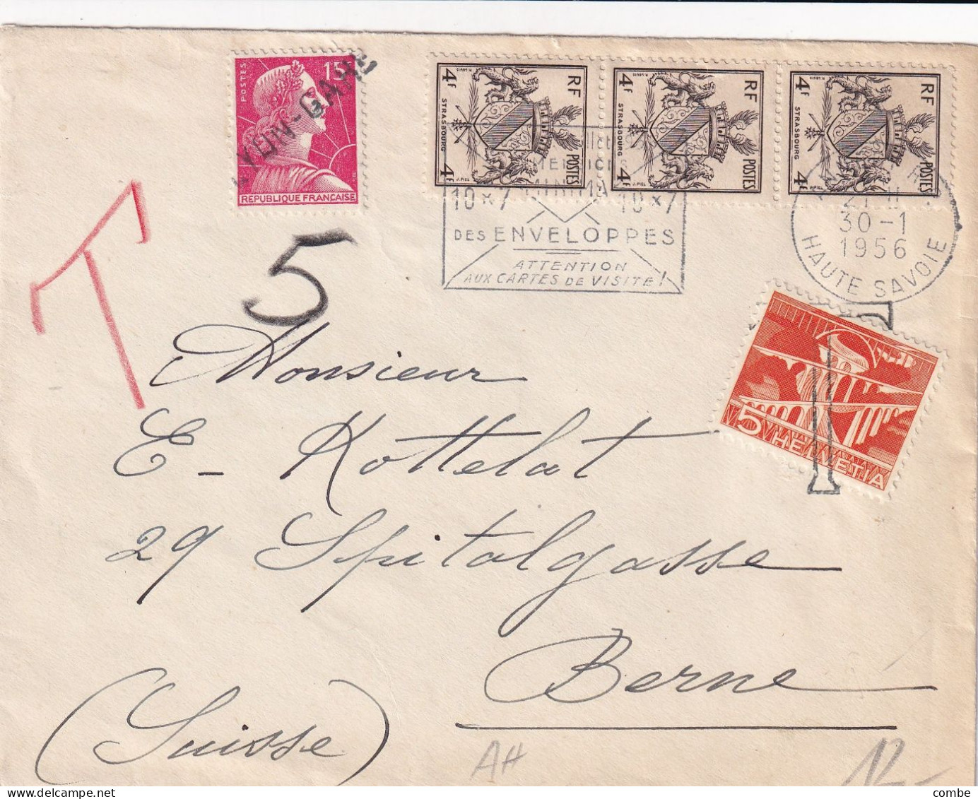 LETTRE.  30 1 56. ANNECY. Hte-SAVOIE. 12 Fr + 15 Fr LYON GARE. POUR BERNE. TAXE SUISSE 5fr - 1921-1960: Moderne