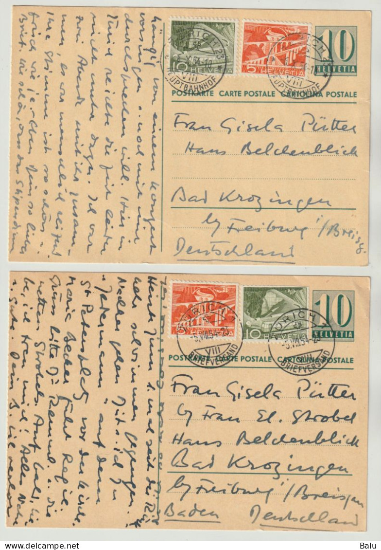 Schweiz 2 Ganzsachen Postkarten Ziffer 10, Stempel Zürich 1954 Nach Deutschland Mit Zusatzfrankaturen, 3 Scans - Stamped Stationery