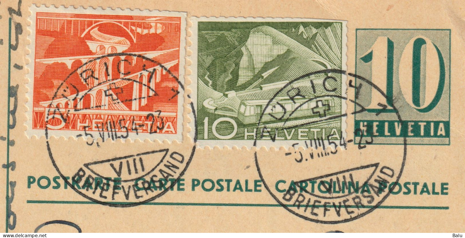 Schweiz 2 Ganzsachen Postkarten Ziffer 10, Stempel Zürich 1954 Nach Deutschland Mit Zusatzfrankaturen, 3 Scans - Ganzsachen