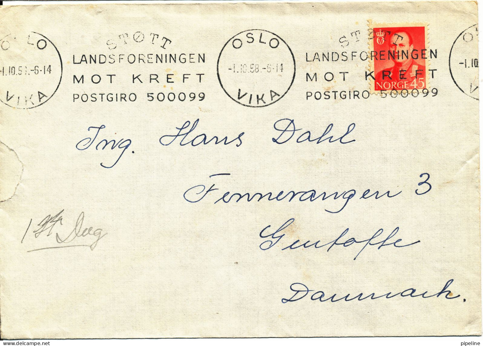 Norway Cover Sent To Denmark Oslo 1-10-1961 Single Franked (Stött Landsforeningen Mot Kreft Postgiro 500099) - Covers & Documents