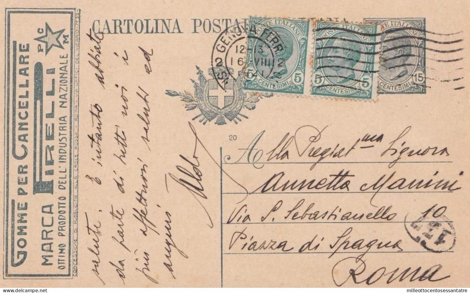 1807 - REGNO -Cartolina Postale Pubblicitaria Da C. 15 Ardesia Del 1921 Da Genova A Roma Con Aggiunta Di Cent 5+5 Verde - Interi Postali