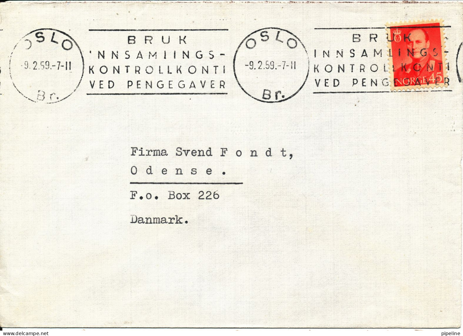 Norway Cover Sent To Denmark Oslo 9-2-1959 Single Franked (Bruk Innsamlingskontrollkonti Ved Pengegaver) - Lettres & Documents
