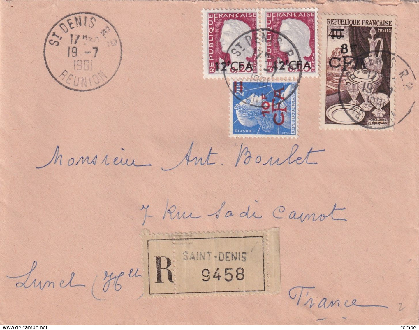 LETTRE.  REUNION. 19 7 1961. RECOMMANDE ST DENIS. 42 CFA. POUR LUNEL - Briefe U. Dokumente