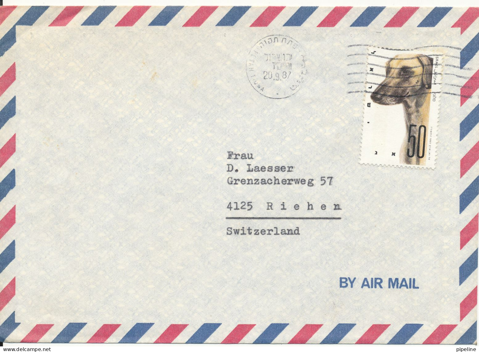 Israel Air Mail Cover Sent To Switzerland 20-9-1987 Single Franked DOG - Poste Aérienne