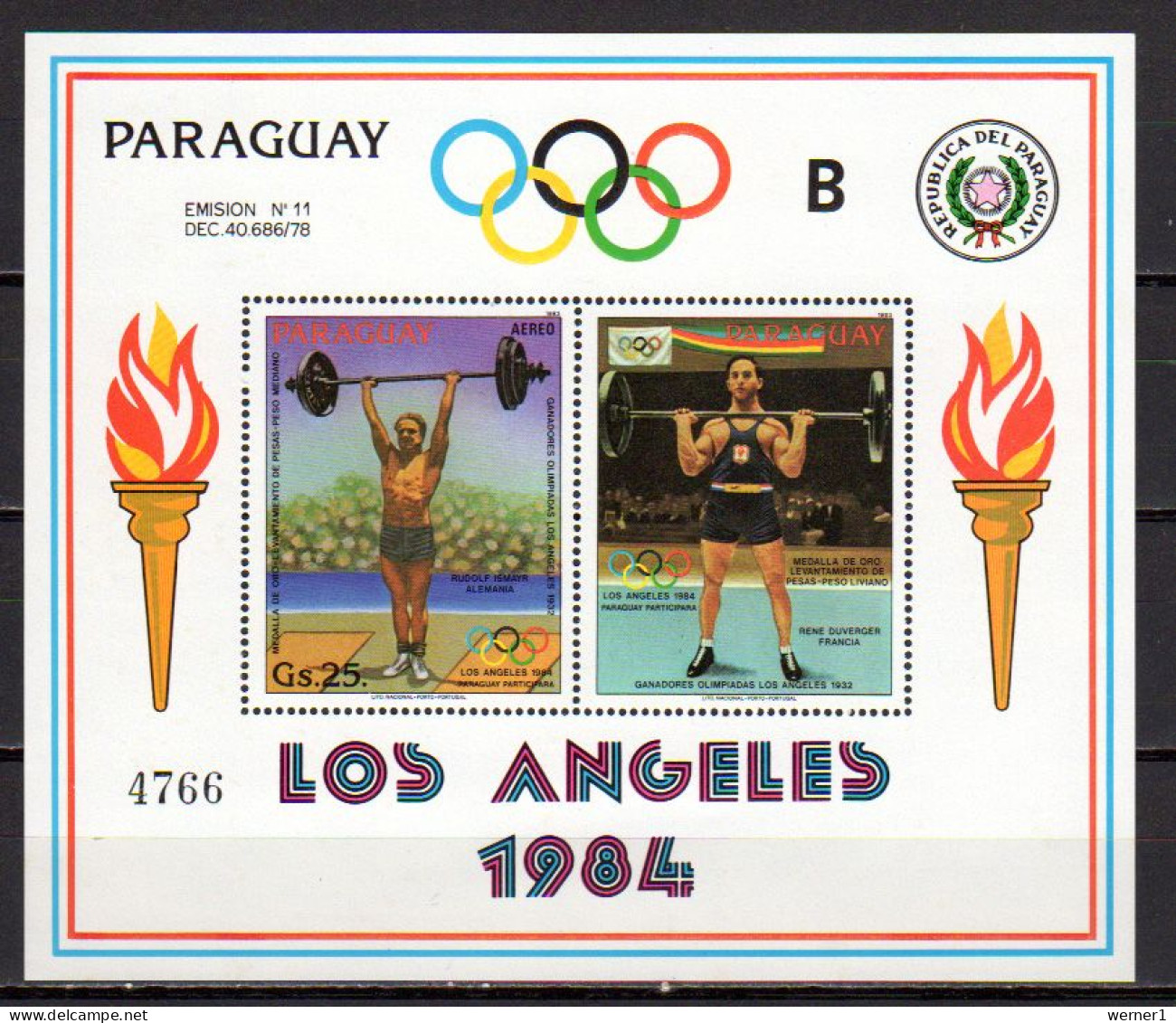 Paraguay 1983 Olympic Games Los Angeles, Weightlifting S/s With "B" Number MNH - Zomer 1984: Los Angeles