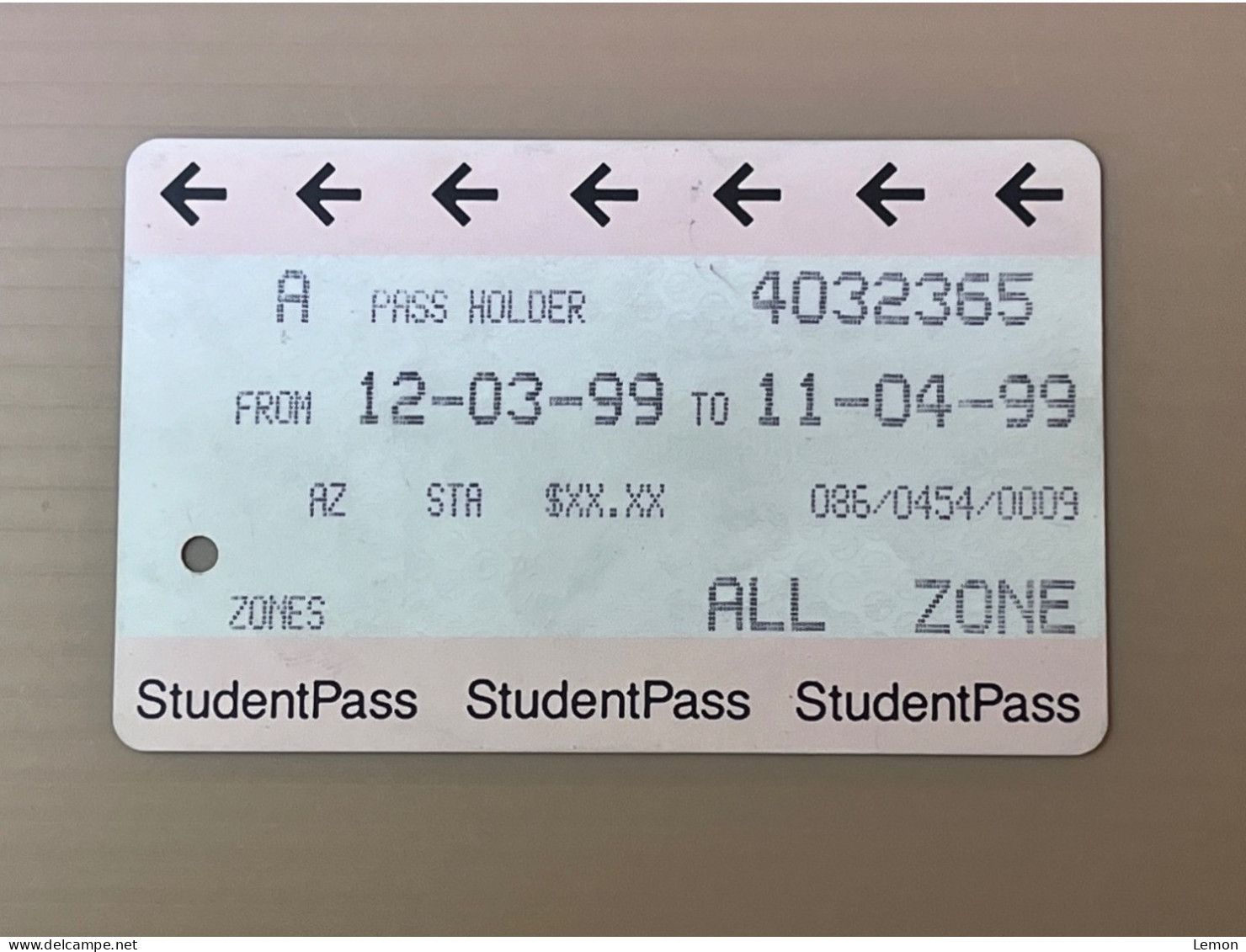 Singapore SMRT TransitLink Metro Train Subway Ticket Card, 1999 StudentPass, Set Of 1 Used Card - Singapour