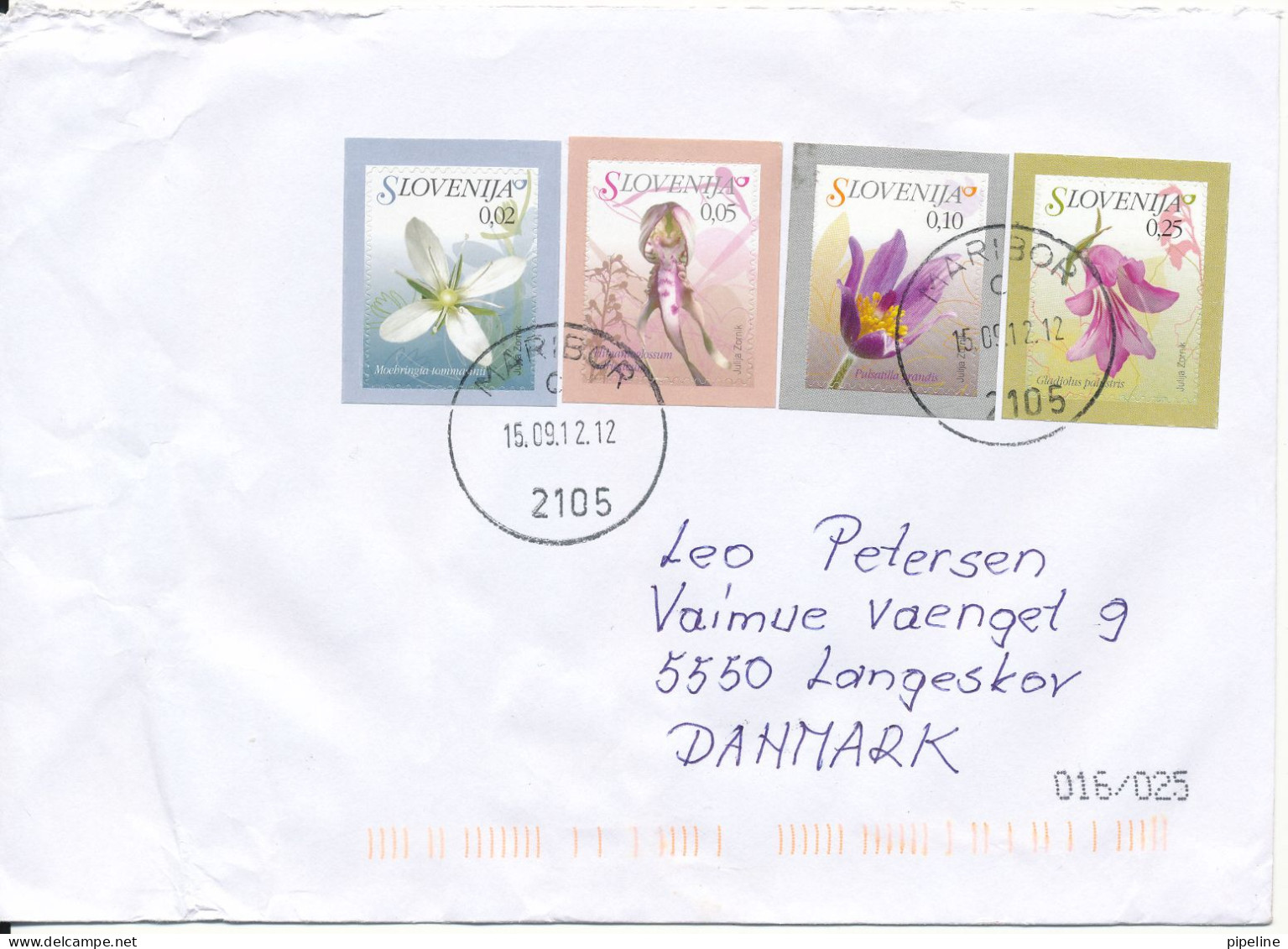 Slovenia Cover Sent To Denmark Maribor 15-9-2012 Topic Stamps FLOWERS - Slowenien