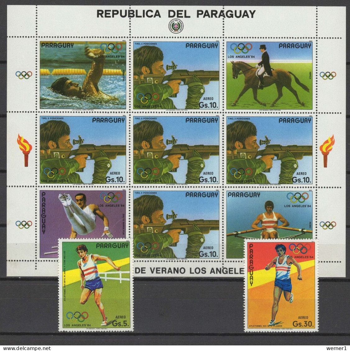 Paraguay 1984 Olympic Games Los Angeles, Shooting, Athletics, Swimming, Rowing Etc. Sheetlet + 2 Stamps MNH - Estate 1984: Los Angeles