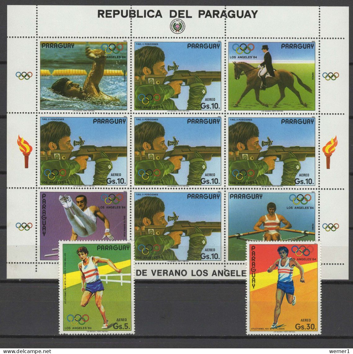 Paraguay 1984 Olympic Games Los Angeles, Shooting, Athletics, Swimming, Rowing Etc. Sheetlet + 2 Stamps MNH - Zomer 1984: Los Angeles