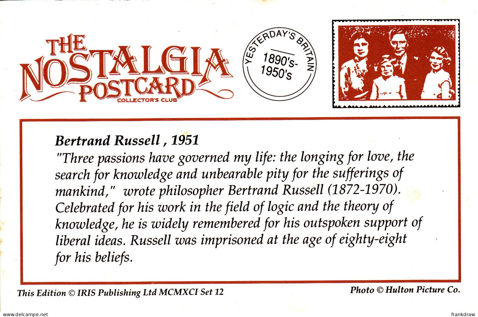 Nostalgia Postcard - Bertrand Russell, 1951  - VG - Ohne Zuordnung