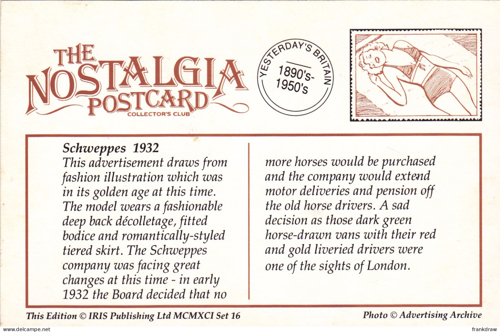 Nostalgia Postcard - Schweppes, 1932  - VG - Zonder Classificatie