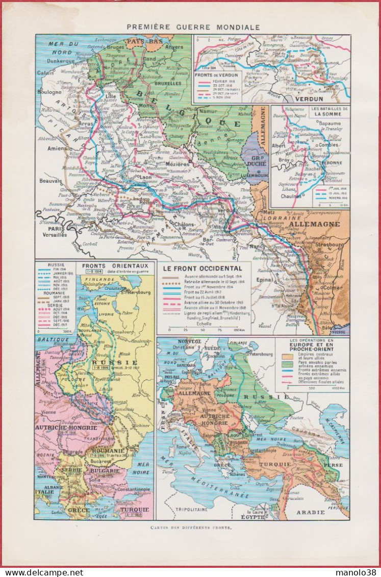 Première Guerre Mondiale. Divers Cartes: Front Occidental, Fronts Orientaux, En Europe Et Proche Orient. Larousse 1948 - Historical Documents