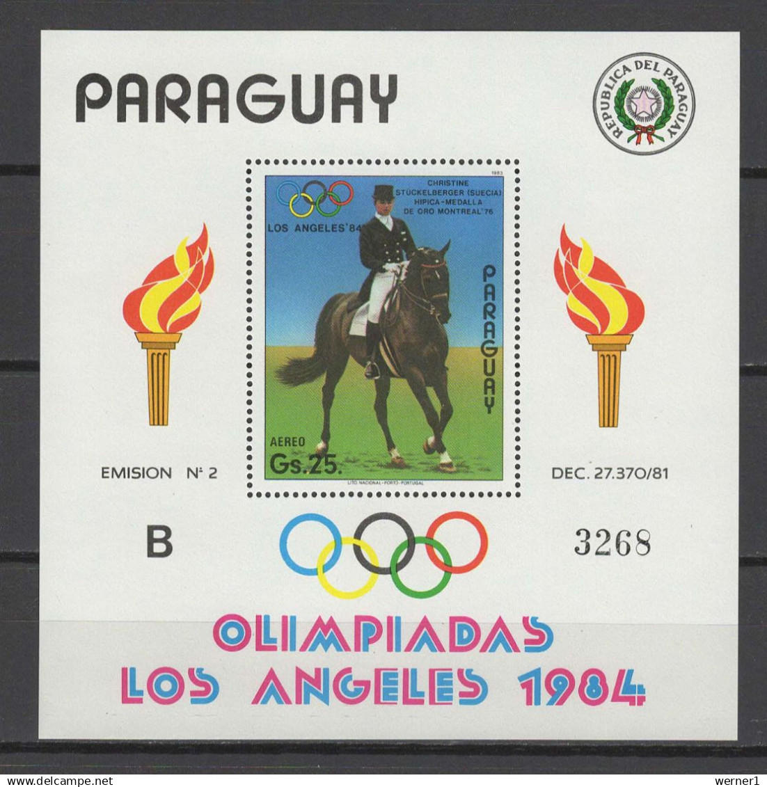 Paraguay 1984 Olympic Games Los Angeles, Equestrian S/s With "B" Number MNH - Verano 1984: Los Angeles