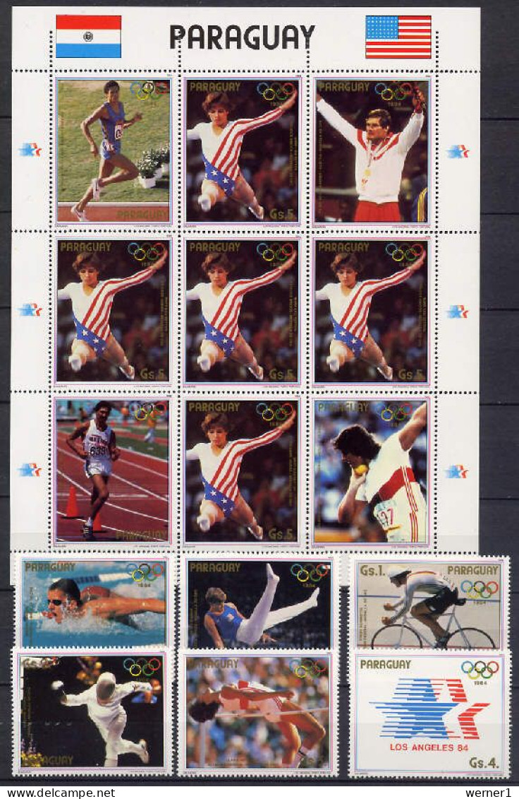 Paraguay 1985 Olympic Games Los Angeles, Athletics, Swimming, Cycling, Fencing Sheetlet + 6 Stamps MNH - Verano 1984: Los Angeles