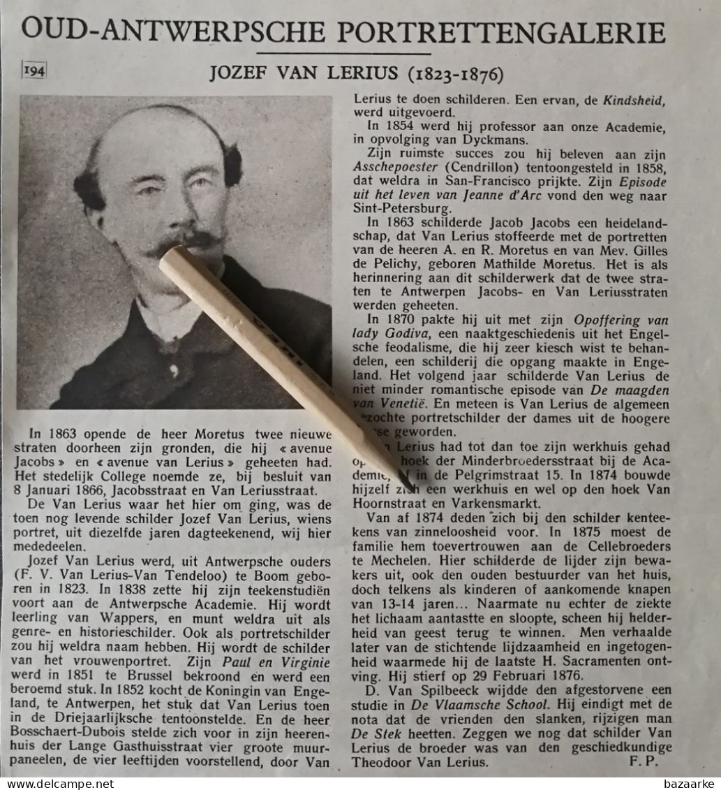 SCHILDER JOZEF VAN LERIUS 1823 - 1876 / ° BOOM 1823 / F.V. VAN LERIUS - VAN TENDELOO / VAN LERIUSSTRAAT TE ANTWERPEN / - Sin Clasificación