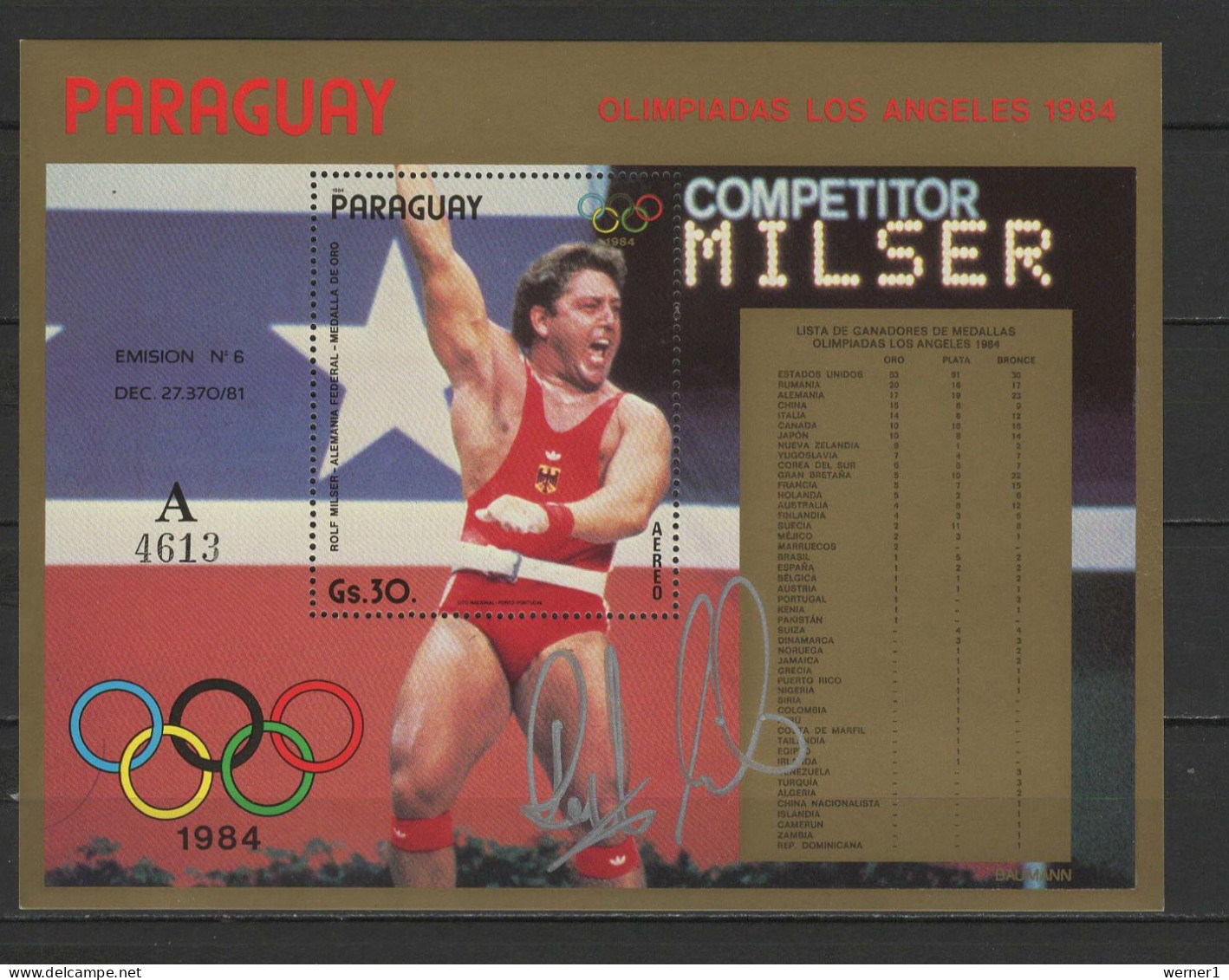 Paraguay 1985 Olympic Games Los Angeles, Weightlifting, S/s With Signature Of Rolf Milser MNH - Ete 1984: Los Angeles